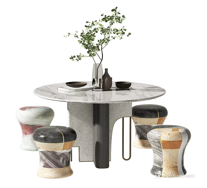 Round Marble Dining Table Set with Unique Colorful Stools and Green Plant Decor 3d model