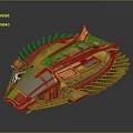Futuristic Golden Spaceship 3D Model With Blue Panels And Spiked Structure