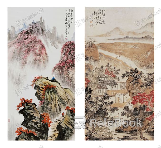 Chinese landscape painting classic red gray brown landscape pattern hanging painting combination model