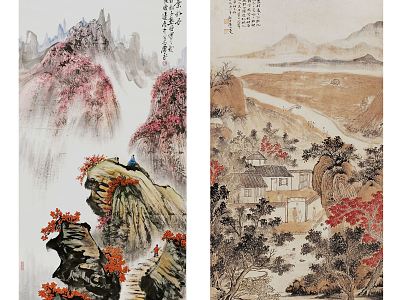 Chinese landscape painting classic red gray brown landscape pattern hanging painting combination model