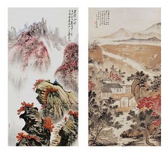 Chinese landscape painting classic red gray brown landscape pattern hanging painting combination 3d model