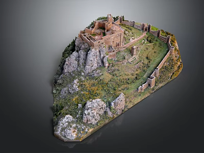 Detailed Ancient Castle Model on Rocky Hill with Grass and Stone Walls 3d model