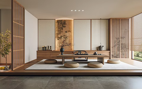 New Chinese Tea Room Tatami Tea Room Tea Table and Chair 3d model