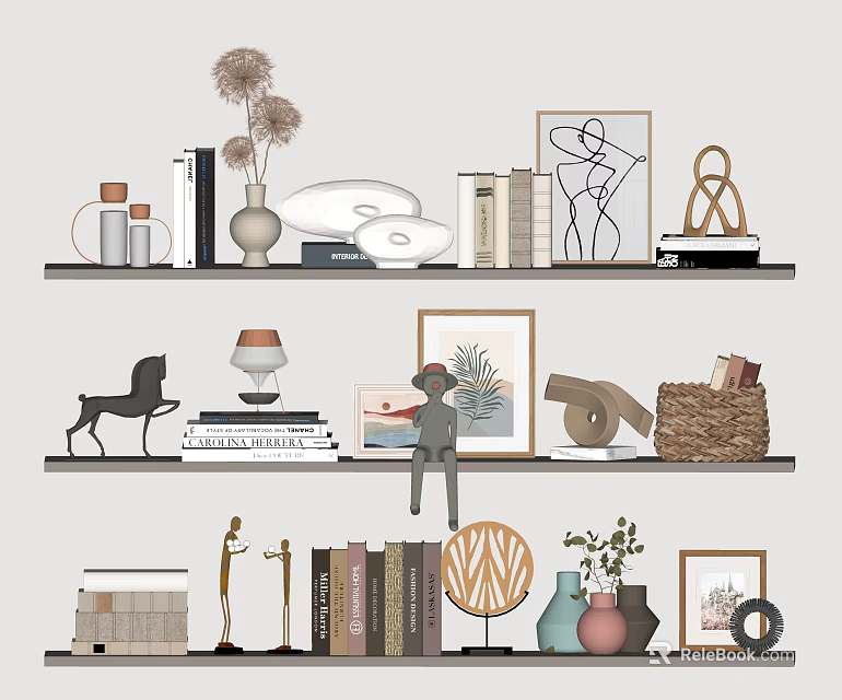 Decorative Ornaments Set with Vases Books Art Prints Sculptures and Lamp for Home Shelf 3d model 