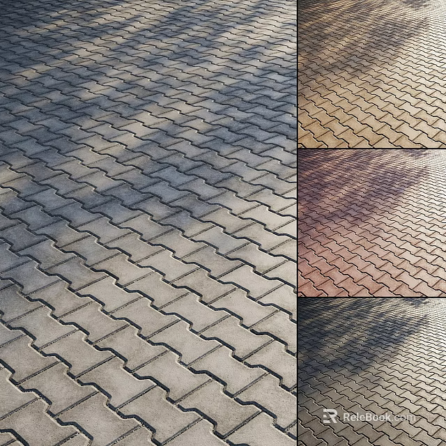 Paved Ground With Interlocking Brick Pattern In Various Colors And Sunlight Shadow 3d model