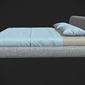 Modern Upholstered Double Bed With Gray Frame Light Blue Sheet And Pillows