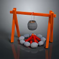 Traditional Outdoor Cooking Setup With Orange Wooden Frame Hanging Pot Gray Stones And Red Flames