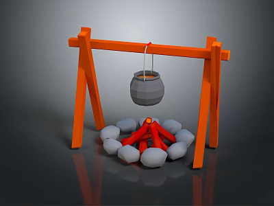 Traditional Outdoor Cooking Setup With Orange Wooden Frame Hanging Pot Gray Stones And Red Flames 3d model