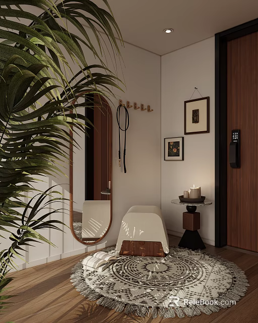 Stylish Entryway Hallway Interior Featuring Large Mirror Coat Hooks Palm Plant And Decorative Paintings 3d model 