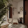 Stylish Entryway Hallway Interior Featuring Large Mirror Coat Hooks Palm Plant And Decorative Paintings