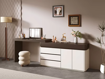 Modern Dressing Table With Mirror Drawers Cabinets Floor Lamp And Decorative Items 3d model