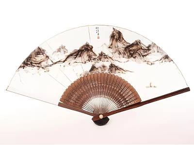Traditional Oriental Fan Ornament Set With Landscape Painting And Wooden Frame 3d model