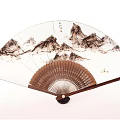 Traditional Oriental Fan Ornament Set With Landscape Painting And Wooden Frame