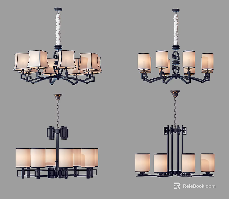 Elegant Modern Chandeliers With Multiple Fabric Shades And Metal Frames 3d model