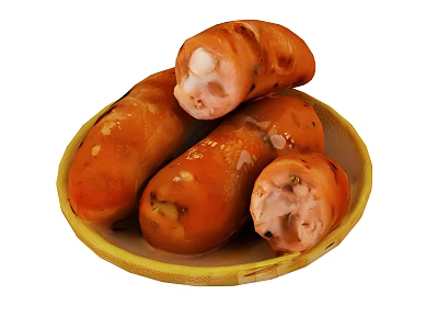 Grilled Sausages Served on Yellow Plate with Sliced Portions and Juicy Meat Inside 3d model