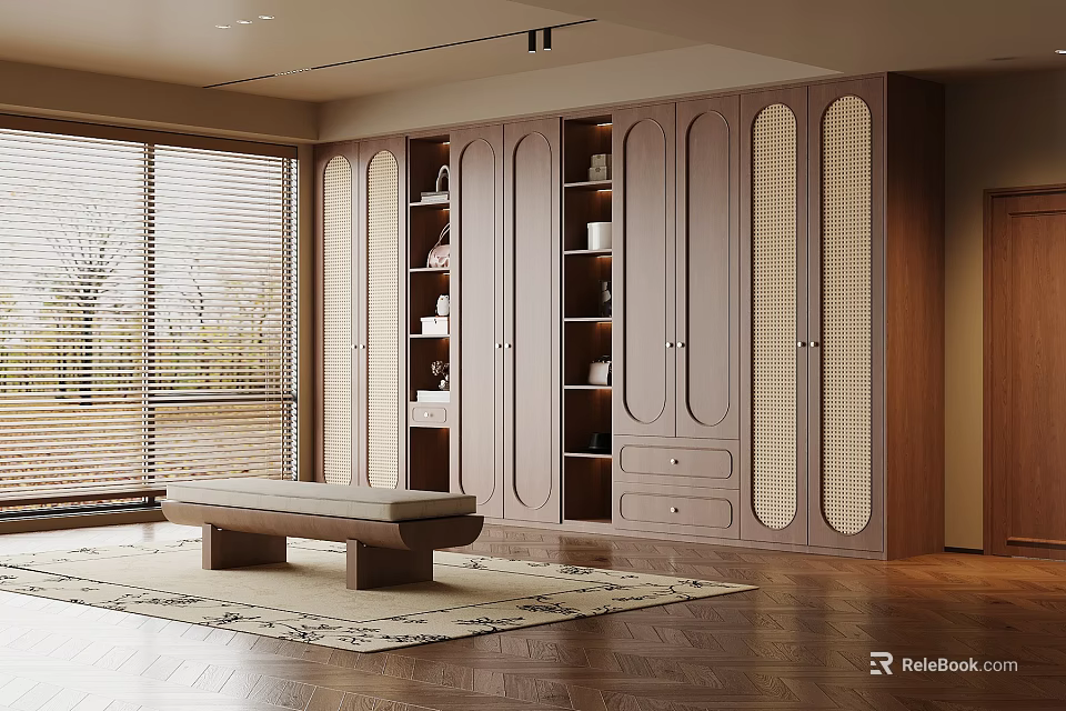 Elegant Modern Walk in Closet Interior With Open Shelves Bench Rug And Wooden Floor 3d model 