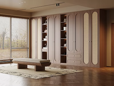 Elegant Modern Walk in Closet Interior With Open Shelves Bench Rug And Wooden Floor 3d model