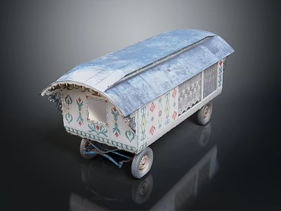 Ornate Decorative Carriage With Blue Roof Colorful Side Patterns And Wheels 3d model