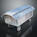 Ornate Decorative Carriage With Blue Roof Colorful Side Patterns And Wheels