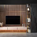 Modern TV Wall Design with Vertical Striped Panel Dark Stand and Decorative Items 3d model