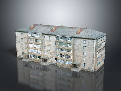 Cartoon Multi Story Apartment Building Scene With Gray Roof Beige Walls Windows And Reflection 3d model