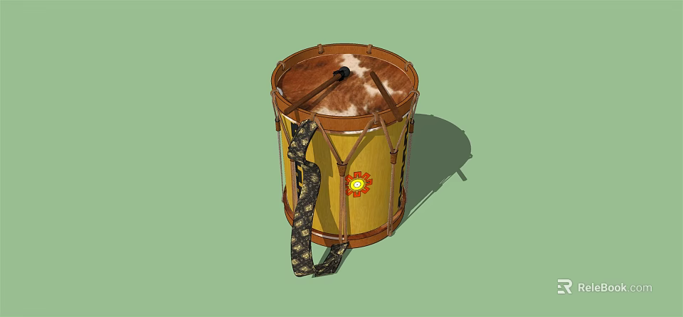 Traditional Leather Drum with Yellow Body Patterned Strap and Brass Badge 3d model 