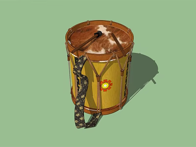 Traditional Leather Drum with Yellow Body Patterned Strap and Brass Badge 3d model