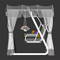Cozy Swing Chair With White Canopy Curtains Gray Cushions Purple Yellow Pillows And Decorative Flowers