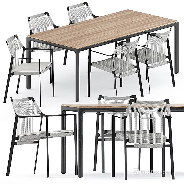 Modern Dining Table And Chairs Set With Wooden Top And Metal Frame Woven Backrest Design 3d model 