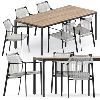 Modern Dining Table And Chairs Set With Wooden Top And Metal Frame Woven Backrest Design 3d model