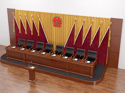 Conference Room Functional Table with Yellow Curtain Red Emblem Red Flags and Dark Chairs 3d model