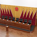 Conference Room Functional Table with Yellow Curtain Red Emblem Red Flags and Dark Chairs