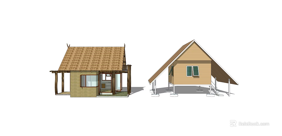 Wooden House Designs With Thatched and Gabled Roofs Porch and Windows 3d model 