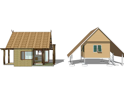 Wooden House Designs With Thatched and Gabled Roofs Porch and Windows 3d model