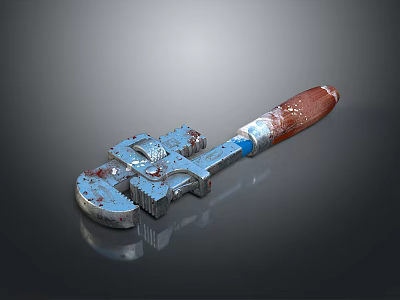 Rusty Metal Wrench Featuring Brown Handle Blue Section On Gray Background With Reflection 3d model