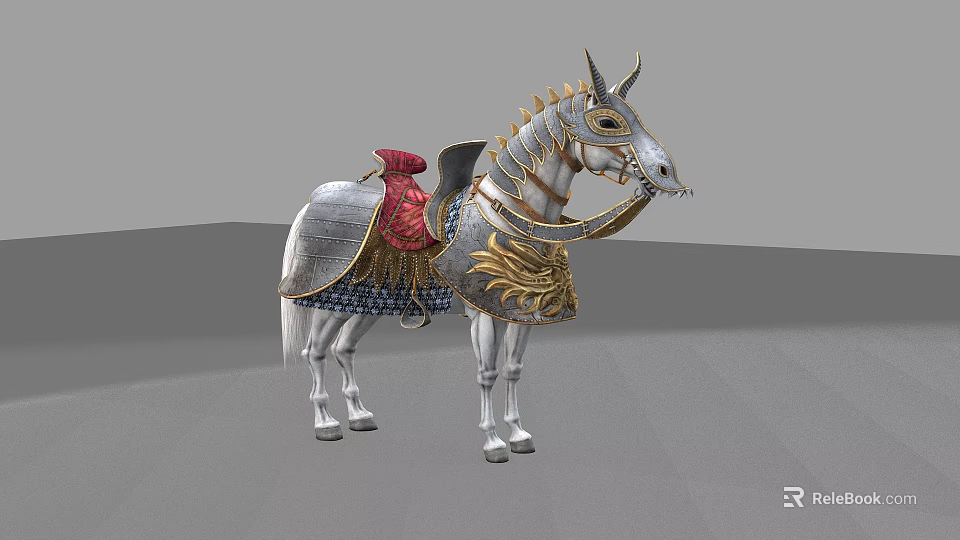 Ornate Armored Horse With Red Saddle Silver Body And Gold Details 3d model 