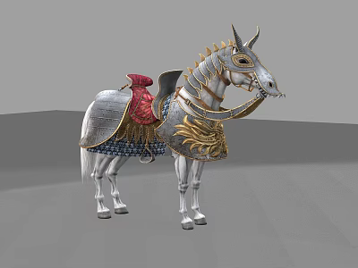 Ornate Armored Horse With Red Saddle Silver Body And Gold Details 3d model
