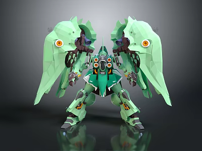 Green Mecha Character Featuring Biological Elements Two Wing Like Structures And Orange Eyes 3d model