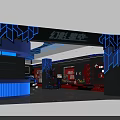 Tech Themed Indoor Playground With Blue Lighting Ceiling Stripes Gaming Gear Red Seats Checkerboard Walls