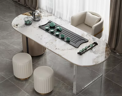 Elegant Modern Tea Table And Chairs With White Marble Top Beige Chair White Striped Stools 3d model