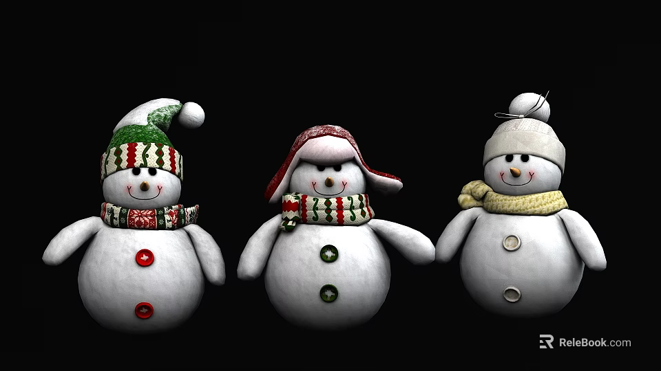 Game Movie Snowman Characters With Various Hats Scarves And Button Details On Black Background 3d model 