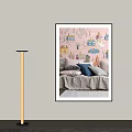 Cute Kids Bed With Colorful Cartoon House Patterns And Soft Pillows On Pink Wall