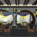 Cozy Restaurant Interior With Arched Windows Wooden Beams Pendant Lights Green Plants And Tables