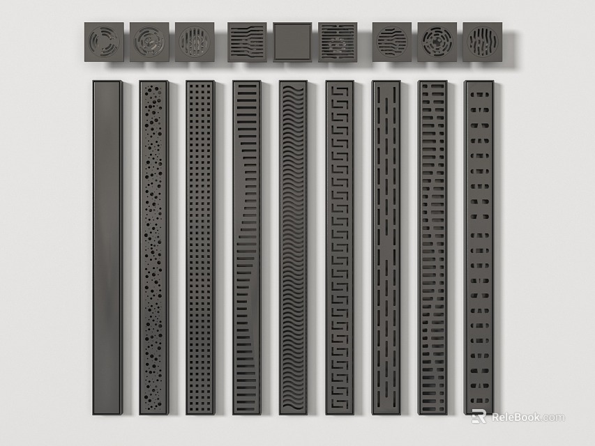 Modern Black Bathroom Accessories Long Bars With Various Perforated Designs And Textures 3d model 