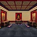 Buddhist Worship Hall Interior With Buddha Statue Scripture Shelves And Offering Table