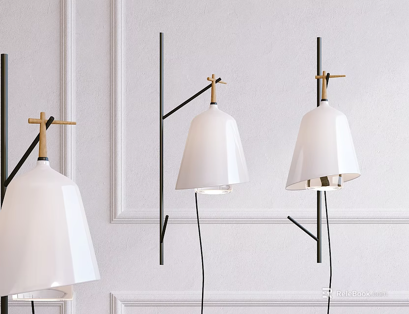 Elegant Modern Wall Sconces With White Lampshade Black Metal Arm And Golden Details 3d model 
