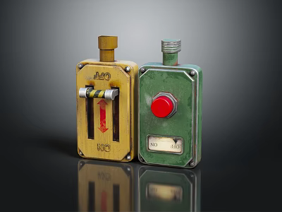 Vintage Industrial Yellow Green Switch Panels Featuring Red Button Arrow ON OFF NO NC Labels 3d model