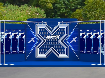 Modern Blue Photo Check-in Spot With Geometric X Pattern And Greenery Decor 3d model