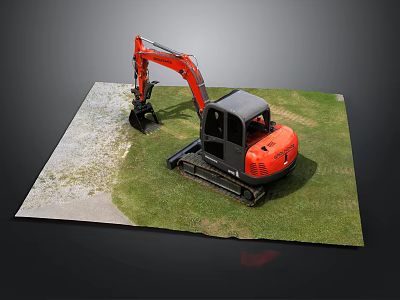 Orange Excavator With Black Bucket Working On Green Grass Outdoor Construction Area 3d model