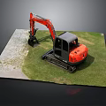 Orange Excavator With Black Bucket Working On Green Grass Outdoor Construction Area